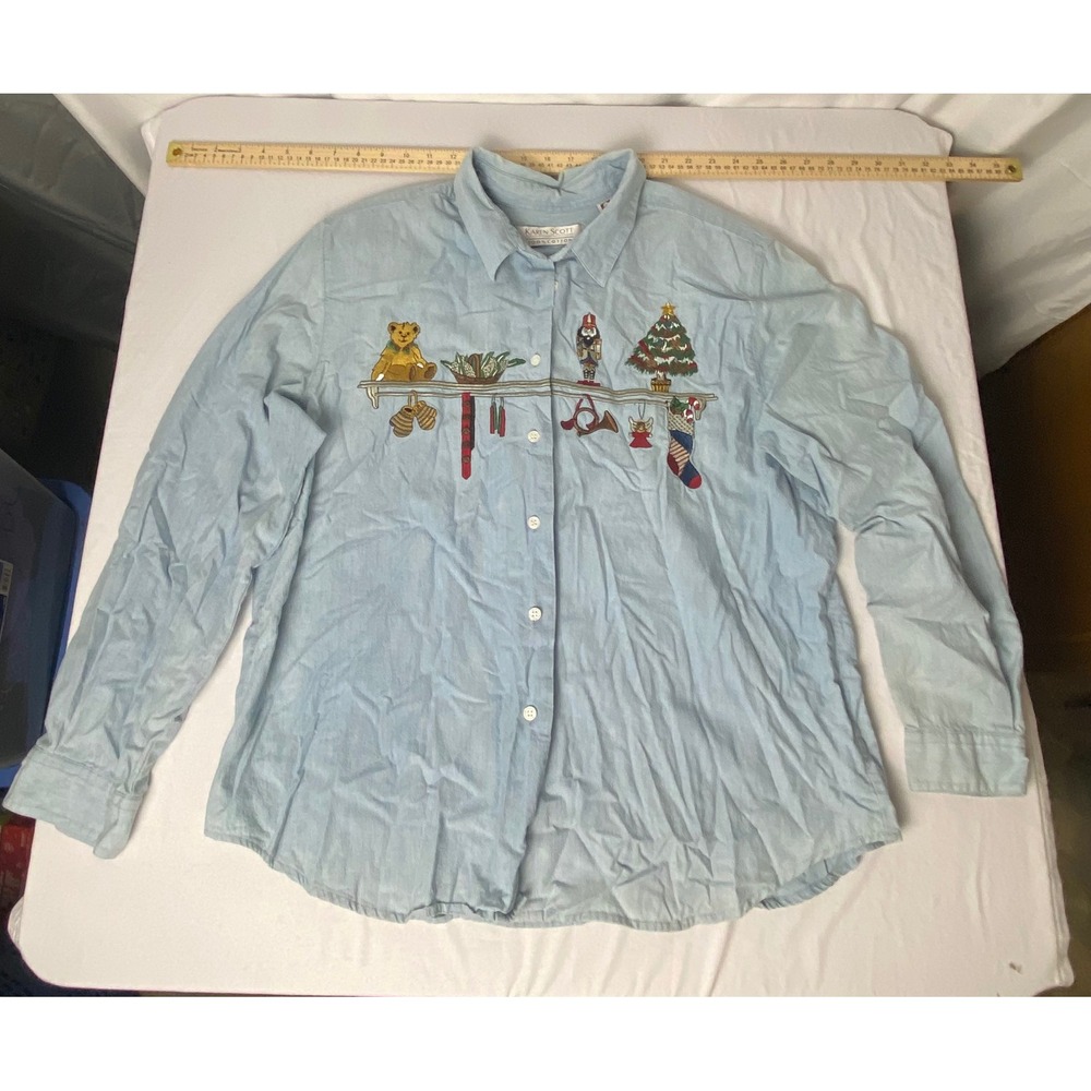 Vintage Karen Scott Christmas Embroidered Button Down Shirt Holiday Top xlarge